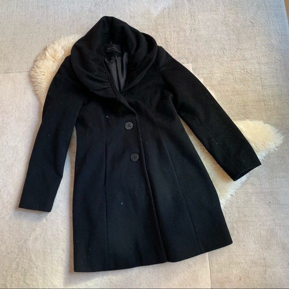 Tahari Black Classic Designer Cowl Collar Wool Winter Pea Coat Size 4 - Picture 2 of 9